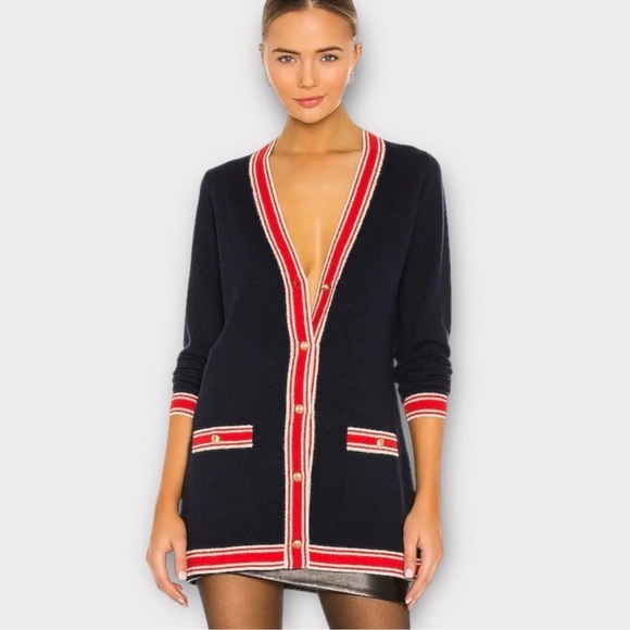 L'AGENCE Sweaters - NWT L’Agence Wool Cashmere Ariel Navy Red Gold Cardigan Sparkle Metallic Holiday